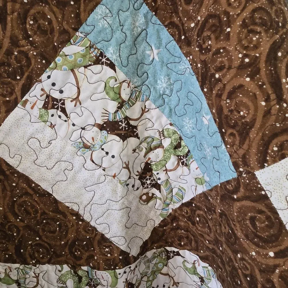 Handmade Snowman Christmas Quilt Throw Blanket Brown Blue 48x42 Lap Quilt Cozy